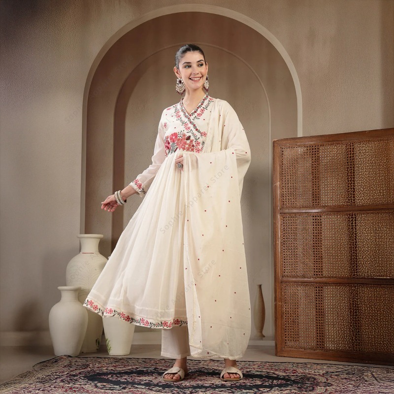 Summer Clothing Pakistan - Set Kurti Anarkali in Cotone Bianco